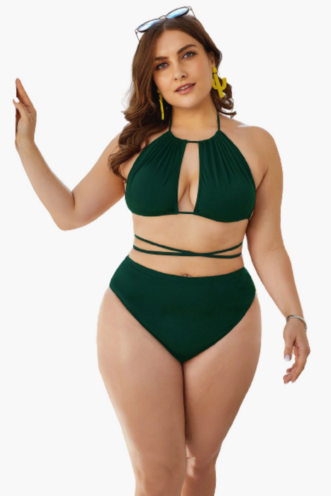 Green Tie-up Cutout Two Piece Plus Size Swimsuit