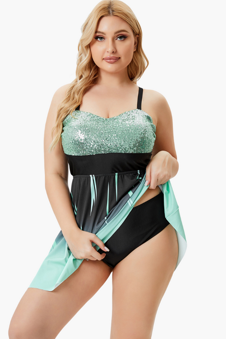Sequence Work Black and Teal Color Two Piece Plus Size Swimsuit