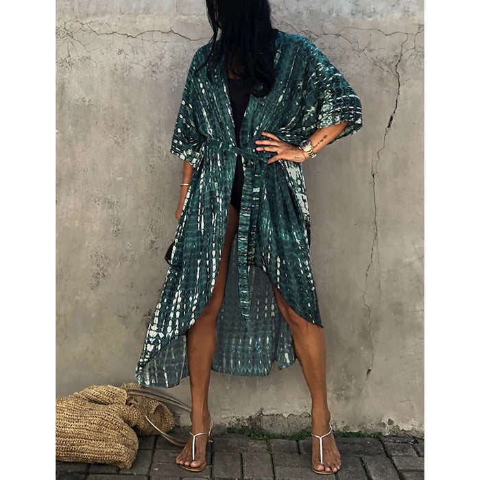 Tie Dye Open Front Long Kimono Swimsuit Cover Up For Women