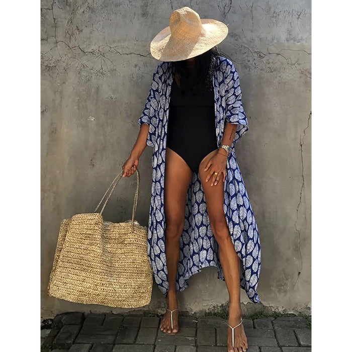 Tie-Dye Printed Open Front Long Kimono Swimsuit Cover-Up