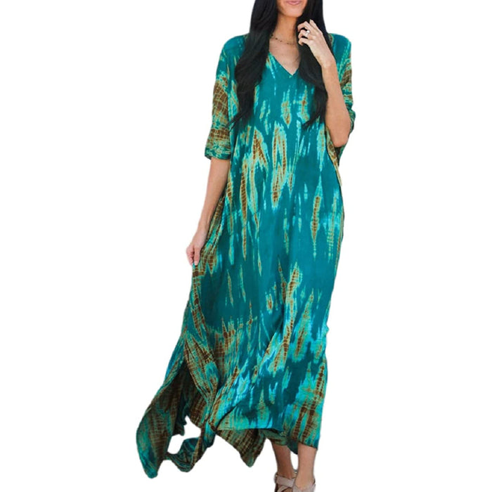 Printed Short Sleeve Kaftan Beach Suit Cover Up Dress For Women
