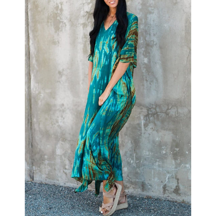 Printed Short Sleeve Kaftan Beach Suit Cover Up Dress For Women