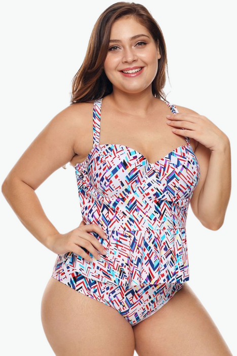 White Printed Two Piece Plus Size Swimsuit
